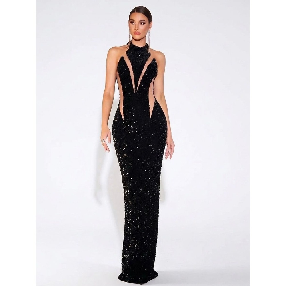 Love & Lemonade Black Sequin High Neck Mesh Cutout Formal Maxi Gown Dress